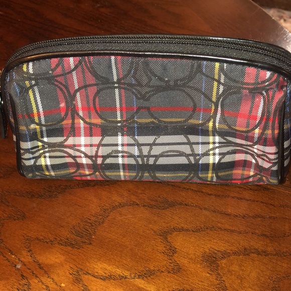 Coach Poppy Tartan Plaid Red Black Multi Stripe Small Cosmetic Case Bag Zip - Picture 2 of 9
